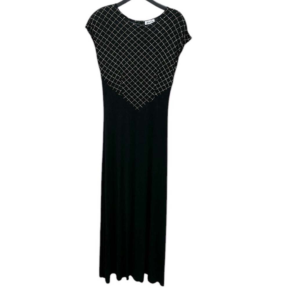 Vtg Jeffrey & Dara Evenings by Tom Barra Black Maxi Dress Large Metallic Detail
